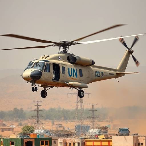 Un elicottero dell'ONU che trasporta aiuti umanitari in una zona di guerra