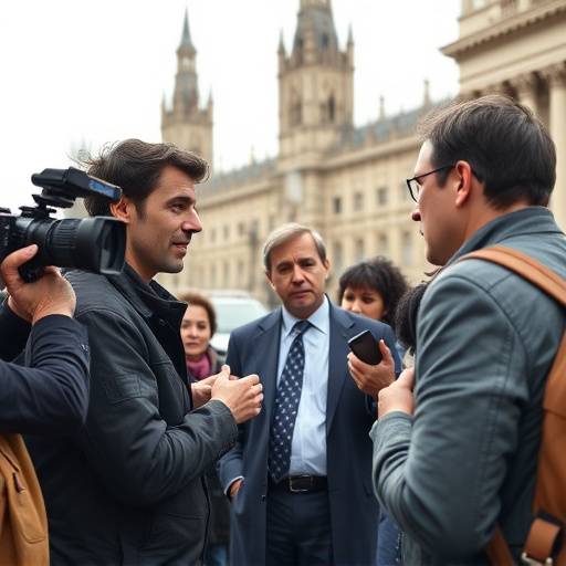 Un gruppo di giornalisti che intervistano un politico fuori dal parlamento italiano