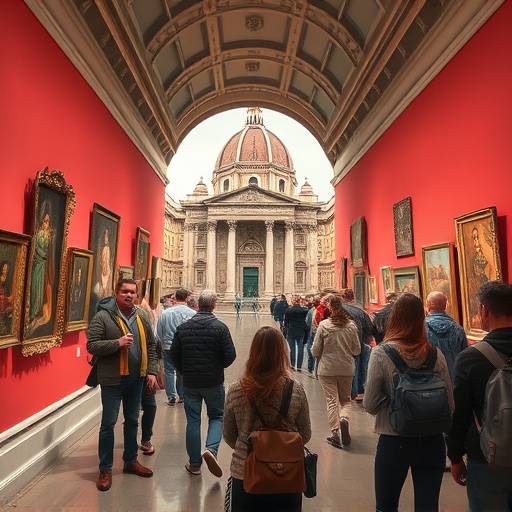 Visitatori che ammirano un dipinto in una galleria d'arte a Firenze